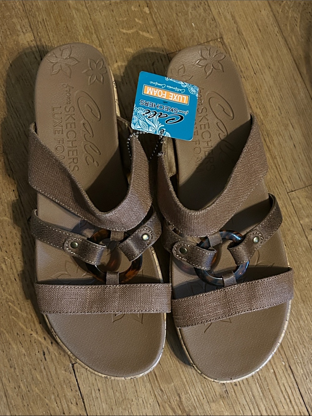 Skechers Brown Women's Slip-On Sandals with Tortoiseshell Ring 11